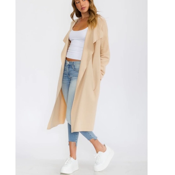 Sand Open Front Drape Cardigan with Pockets - Picture 2 of 4